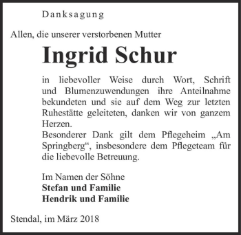 Traueranzeige von Ingrid Schur  von Magdeburger Volksstimme