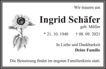 Traueranzeige von Ingrid Schäfer (geb. Müller)  von Magdeburger Volksstimme