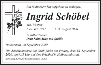 Traueranzeige von Ingrid Schöbel (geb. Wagner)  von Magdeburger Volksstimme