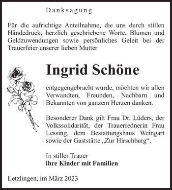 Traueranzeige von Ingrid Schöne  von Magdeburger Volksstimme