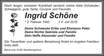 Traueranzeige von Ingrid Schöne  von Magdeburger Volksstimme