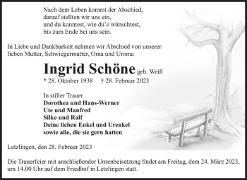 Traueranzeige von Ingrid Schöne (geb. Weiß)  von Magdeburger Volksstimme