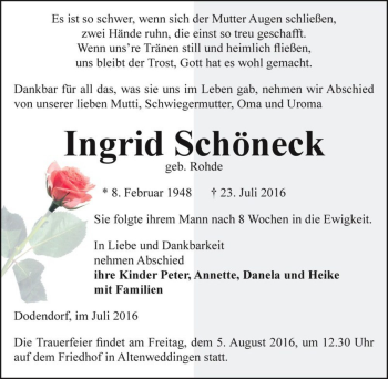 Traueranzeige von Ingrid Schöneck (geb. Rohde)  von Magdeburger Volksstimme