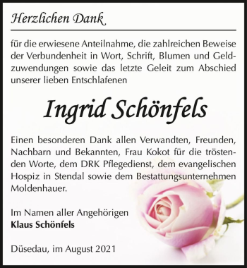Traueranzeige von Ingrid Schönfels  von Magdeburger Volksstimme