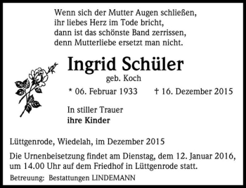 Traueranzeige von Ingrid Schüler (geb. Koch)  von Magdeburger Volksstimme