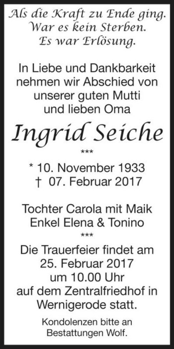Traueranzeige von Ingrid Seiche  von Magdeburger Volksstimme