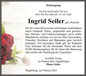 Traueranzeige von Ingrid Seiler (geb. Rutsche)  von Magdeburger Volksstimme