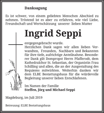 Traueranzeige von Ingrid Seppi  von Magdeburger Volksstimme