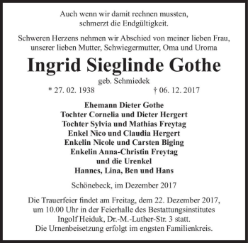 Traueranzeige von Ingrid Sieglinde Gothe (geb. Schmiedek)  von Magdeburger Volksstimme