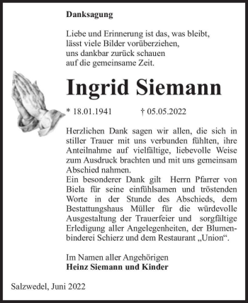 Traueranzeige von Ingrid Siemann  von Magdeburger Volksstimme