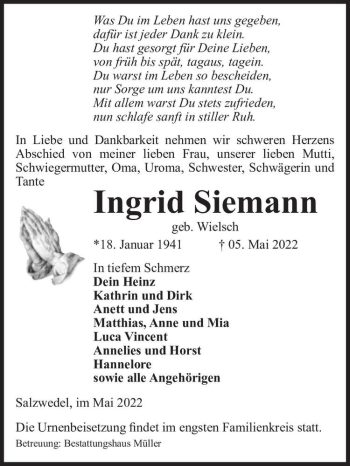 Traueranzeige von Ingrid Siemann (geb. Wielsch)  von Magdeburger Volksstimme