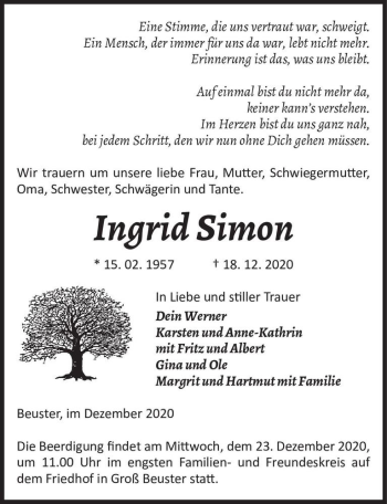 Traueranzeige von Ingrid Simon  von Magdeburger Volksstimme