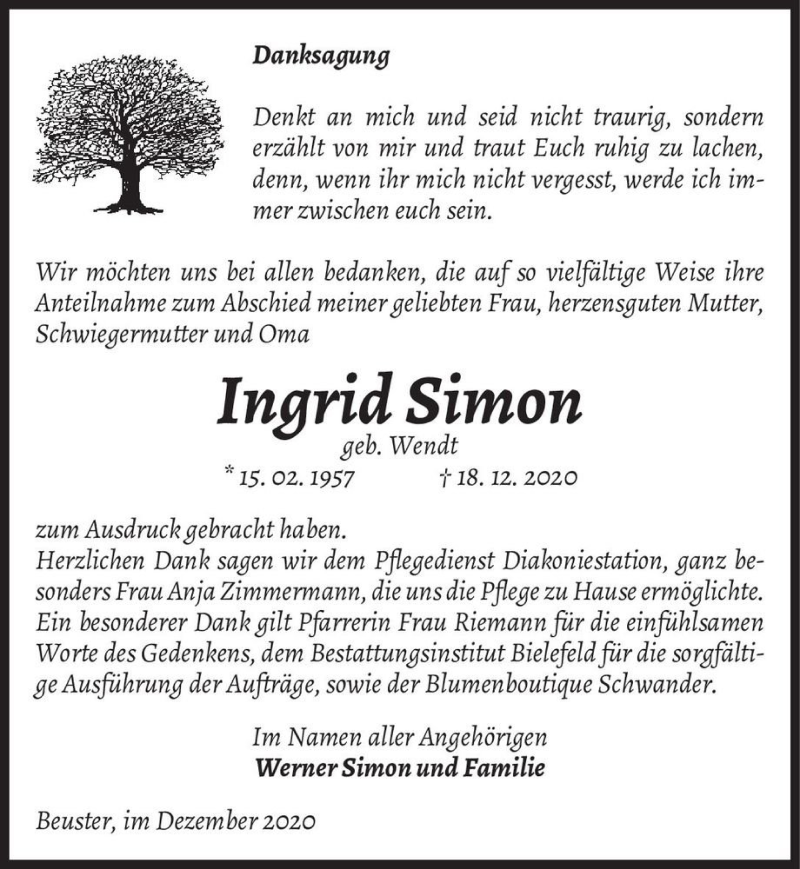  Traueranzeige für Ingrid Simon (geb. Wendt)  vom 31.12.2020 aus Magdeburger Volksstimme
