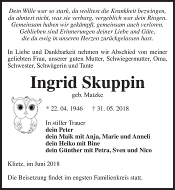 Traueranzeige von Ingrid Skuppin (geb. Matzke)  von Magdeburger Volksstimme