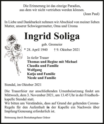 Traueranzeige von Ingrid Soliga (geb. Gromeier)  von Magdeburger Volksstimme