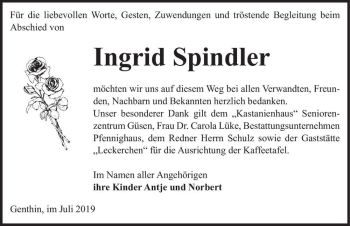 Traueranzeige von Ingrid Spindler  von Magdeburger Volksstimme