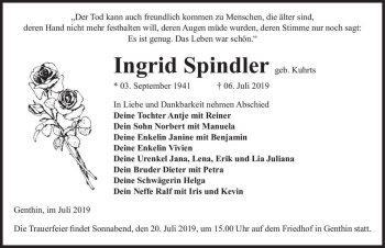 Traueranzeige von Ingrid Spindler (geb. Kuhrts)  von Magdeburger Volksstimme