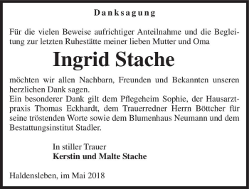 Traueranzeige von Ingrid Stache  von Magdeburger Volksstimme