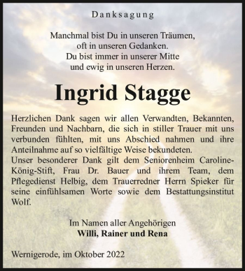 Traueranzeige von Ingrid Stagge  von Magdeburger Volksstimme