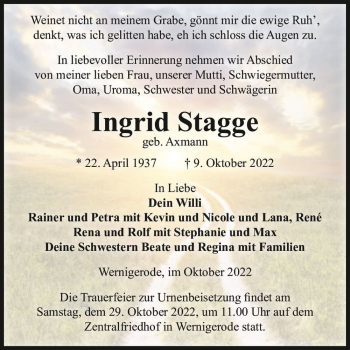 Traueranzeige von Ingrid Stagge (geb. Axmann)  von Magdeburger Volksstimme