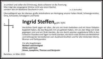 Traueranzeige von Ingrid Steffen (geb. Kytlic)  von Magdeburger Volksstimme