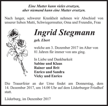 Traueranzeige von Ingrid Stegmann (geb. Ebert)  von Magdeburger Volksstimme