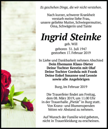 Traueranzeige von Ingrid Steinke (geb. Will)  von Magdeburger Volksstimme