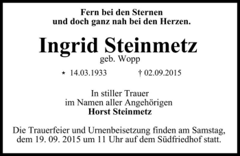 Traueranzeige von Ingrid Steinmetz (geb. Wopp)  von Magdeburger Volksstimme