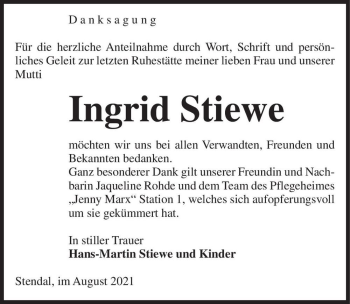 Traueranzeige von Ingrid Stiewe  von Magdeburger Volksstimme