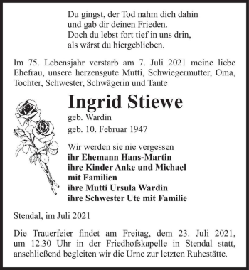 Traueranzeige von Ingrid Stiewe (geb. Wardin)  von Magdeburger Volksstimme