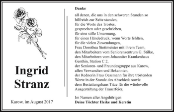 Traueranzeige von Ingrid Stranz  von Magdeburger Volksstimme
