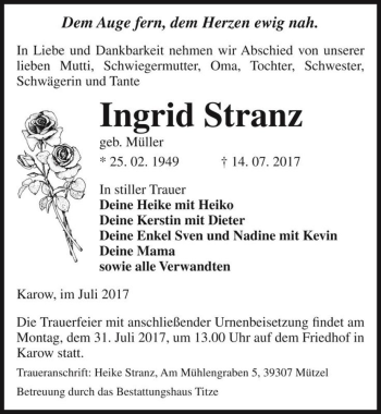 Traueranzeige von Ingrid Stranz (geb. Müller)  von Magdeburger Volksstimme