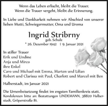 Traueranzeige von Ingrid Stribrny (geb. Schulz)  von Magdeburger Volksstimme
