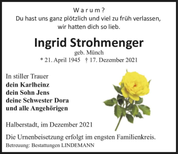 Traueranzeige von Ingrid Strohmenger (geb. Münch)  von Magdeburger Volksstimme
