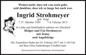 Traueranzeige von Ingrid Strohmeyer (geb. Voigt)  von Magdeburger Volksstimme