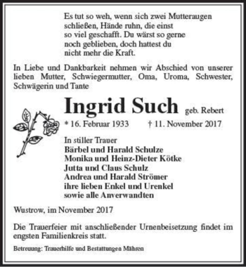 Traueranzeige von Ingrid Such (geb. Rebert)  von Magdeburger Volksstimme