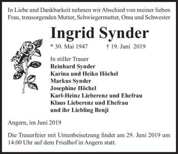 Traueranzeige von Ingrid Synder  von Magdeburger Volksstimme