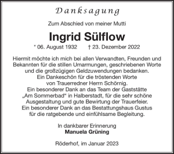 Traueranzeige von Ingrid Sülflow  von Magdeburger Volksstimme
