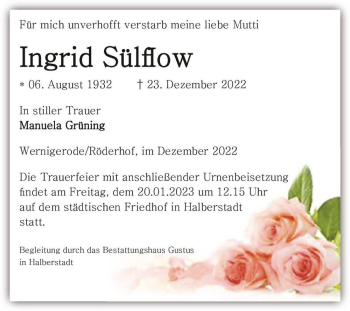 Traueranzeige von Ingrid Sülflow  von Magdeburger Volksstimme