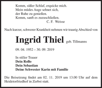 Traueranzeige von Ingrid Thiel (geb. Tillmanns)  von Magdeburger Volksstimme
