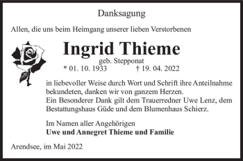Traueranzeige von Ingrid Thieme (geb. Stepponat)  von Magdeburger Volksstimme
