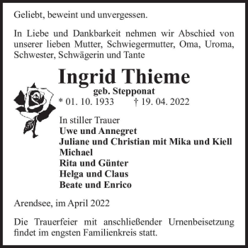 Traueranzeige von Ingrid Thieme (geb. Stepponat)  von Magdeburger Volksstimme