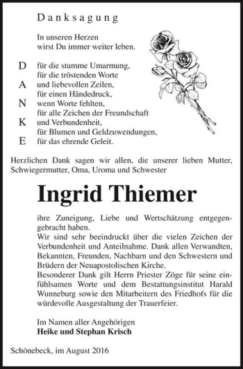 Traueranzeige von Ingrid Thiemer  von Magdeburger Volksstimme