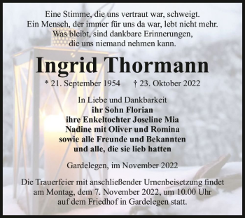 Traueranzeige von Ingrid Thormann  von Magdeburger Volksstimme