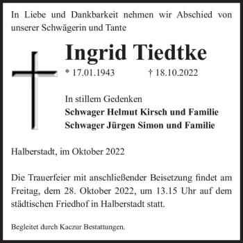 Traueranzeige von Ingrid Tiedtke  von Magdeburger Volksstimme