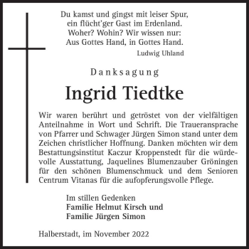 Traueranzeige von Ingrid Tiedtke  von Magdeburger Volksstimme