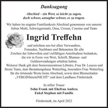 Traueranzeige von Ingrid Treffehn  von Magdeburger Volksstimme