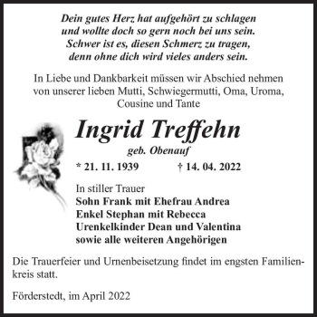 Traueranzeige von Ingrid Treffehn (geb. Obenauf)  von Magdeburger Volksstimme