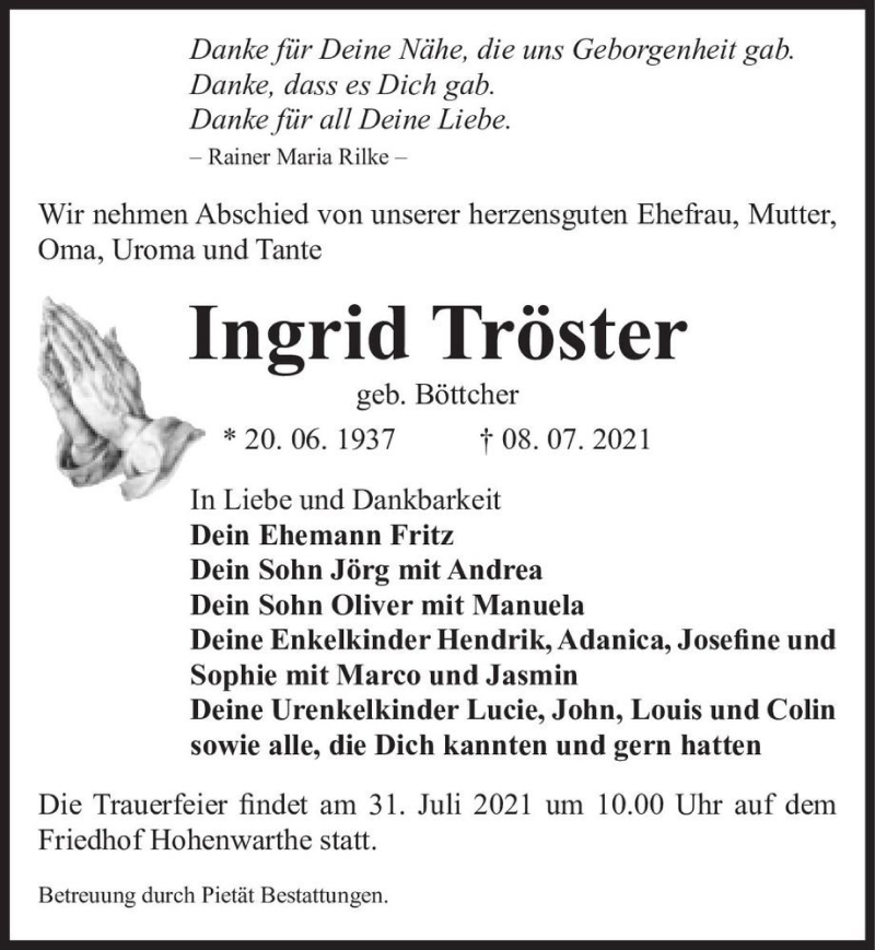  Traueranzeige für Ingrid Tröster (geb. Böttcher)  vom 28.07.2021 aus Magdeburger Volksstimme