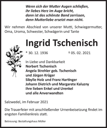 Traueranzeige von Ingrid Tschenisch  von Magdeburger Volksstimme